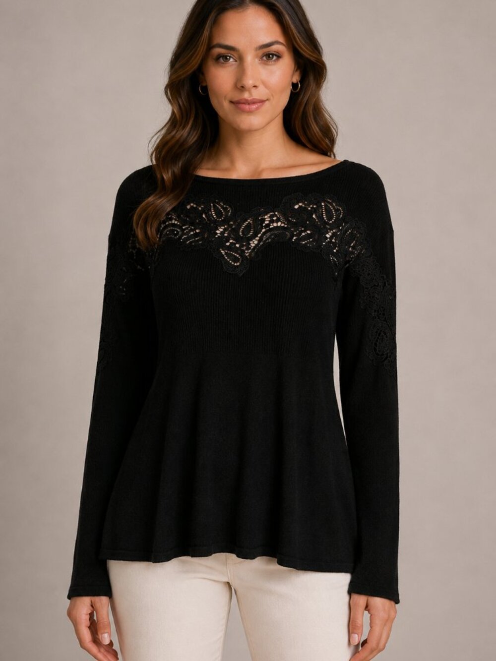 🐧 Style & Co Black Lace Trim Peplum Sweater Top Small NWT